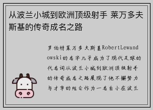 从波兰小城到欧洲顶级射手 莱万多夫斯基的传奇成名之路